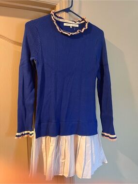 English Factory Blue Ribbed Top with Pink and White Trim